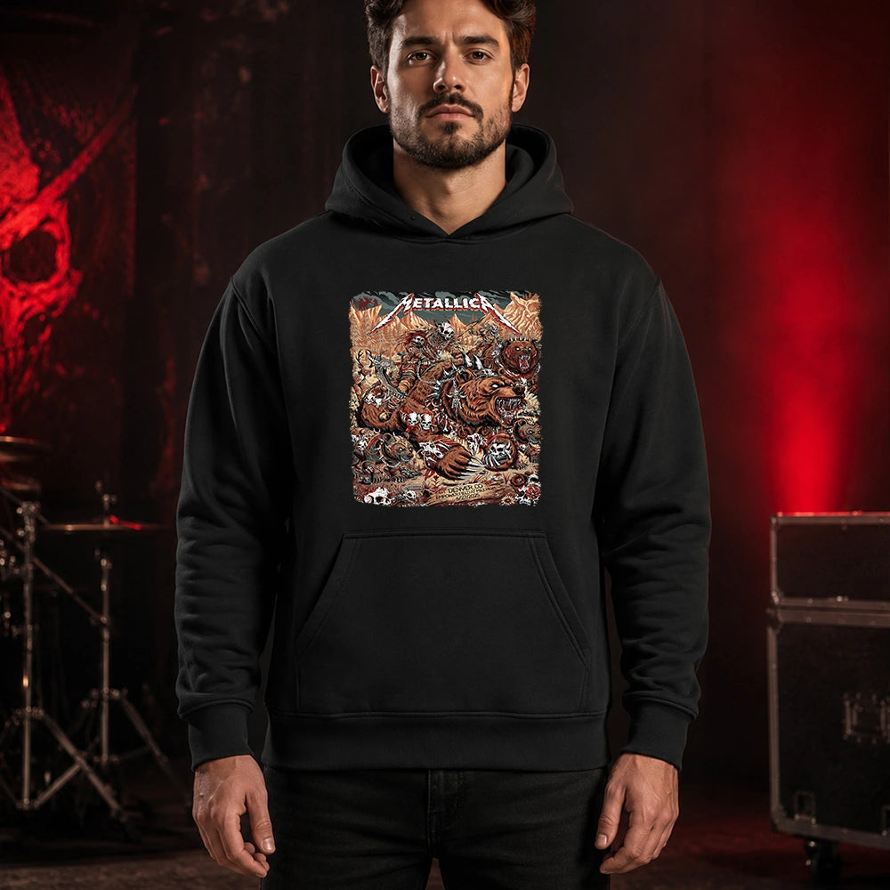 Metallica M72 World Tour June 27 2025 Empower Field At Mile High Denver Colorado United States T-shirt by Juan Ma Orozco featuring skull-faced warriors riding armored bears, skulls, bones, mountain scenery and Denver event text.
